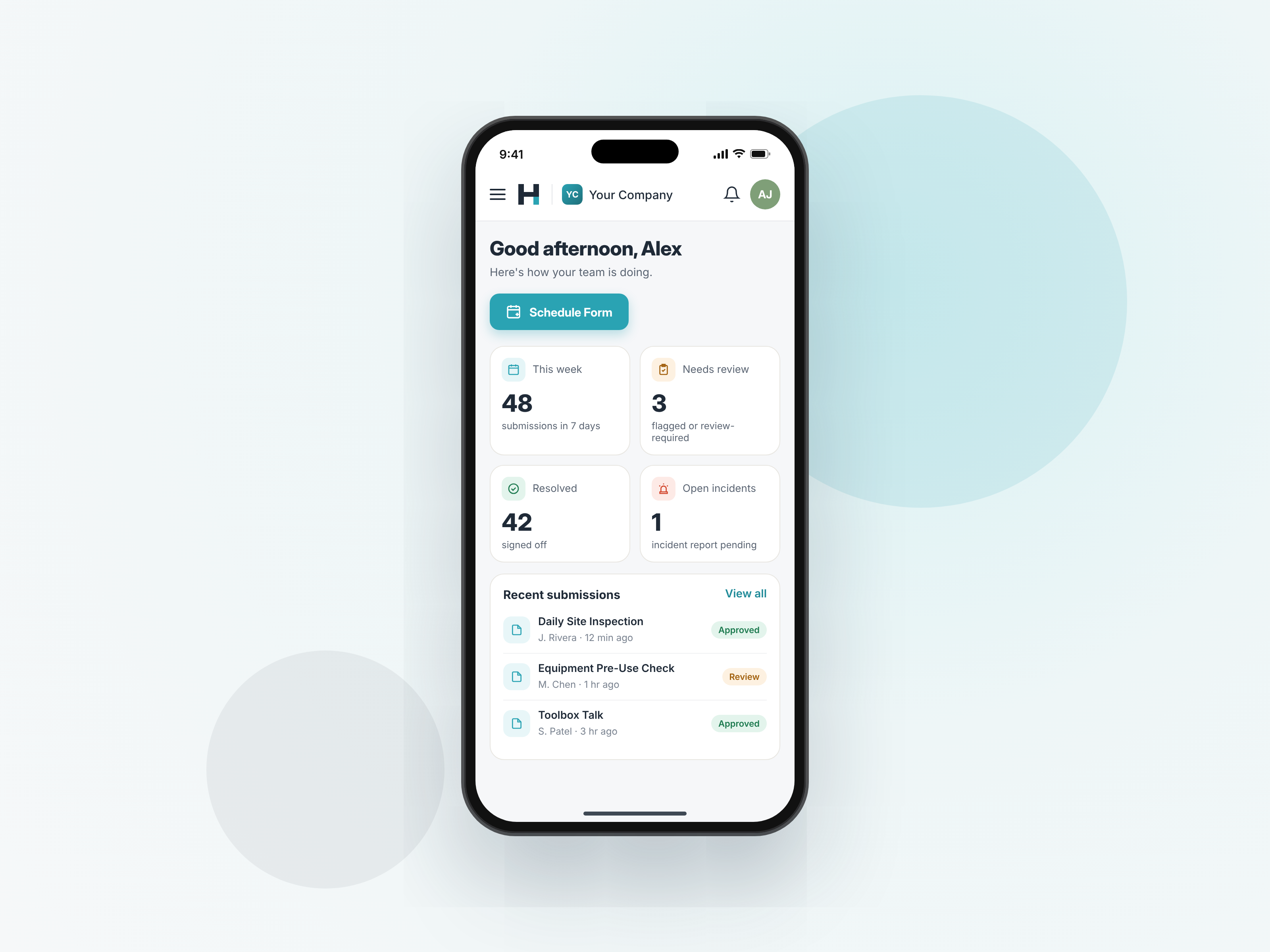 Supplied Hakina Safety app mockup on a phone: form scheduling, review statuses, incident information and recent submissions